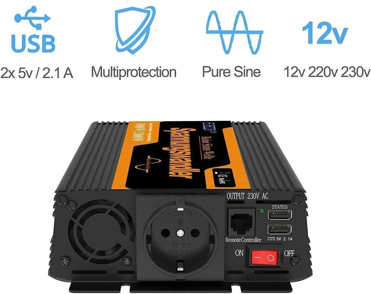 Перетворювач напруги (інвертор) EDECOA 12V-230V 1000W (чистий синус)