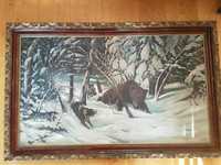 Obraz olej na płótnie "Niedźwiedź i wilki" DUŻY W RAMIE 125X80