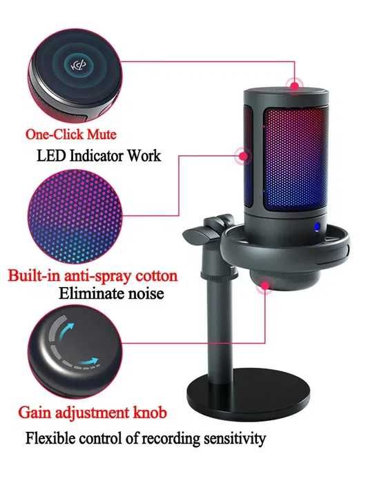 Топ 2024! Конденсаторний Мікрофон, RGB підсвічування Професійний