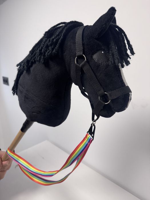 Piękny czarny hobby horse z kantarem i lonżą
