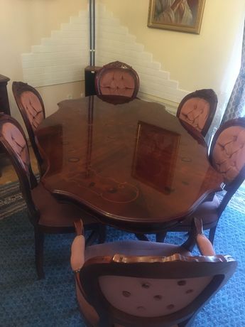 piękny intarsjowany włoski stół + 6 krzeseł