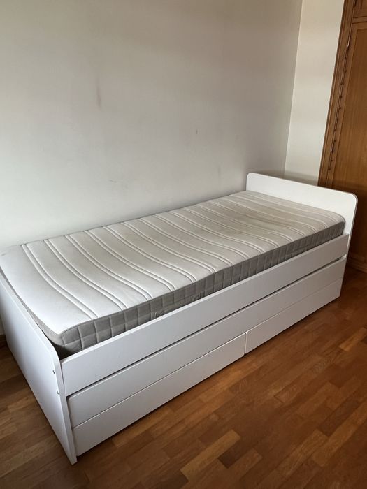 Cama individual c/cama-gaveta + arrumação, branco, 90x200 cm