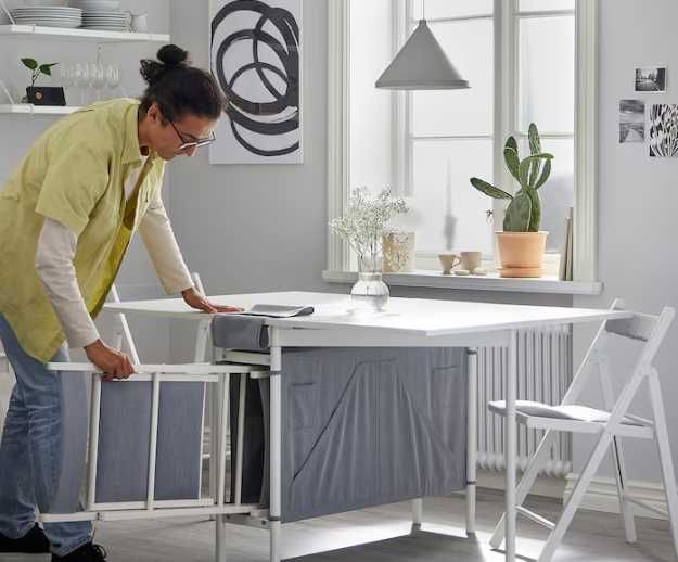 Mesa extensível de abas rebatíveis c/arrumação, branco/cinz clr