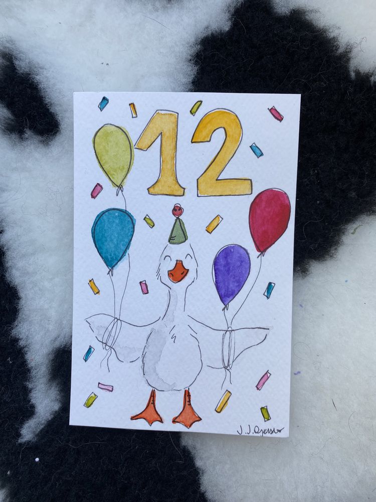 Kartka okolicznościowa urodzinowa urodziny gęś gąska 12 balony