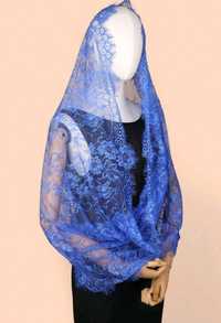 Niebieski komin koronkowy szeroki niebieski szal oversize dla kobiety