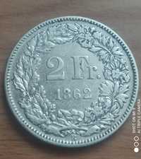 Продам срібну монету Швейцарія 2 франки 1862 року