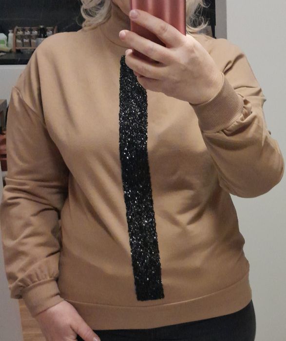 Bluza bluzka LaLeLi półgolf camel czarne błyszczące kamyczki 44 XXL XL