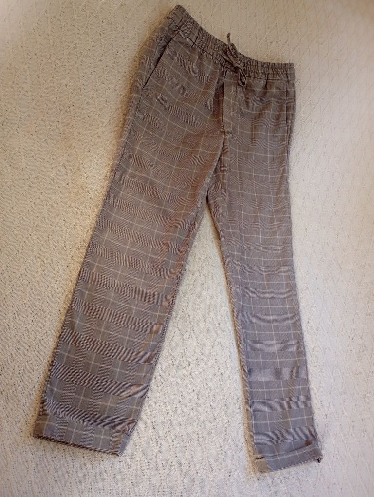 H&M S wygodne beżowe joggery Slim Fit w kratkę pas 38-45cm 94dł
