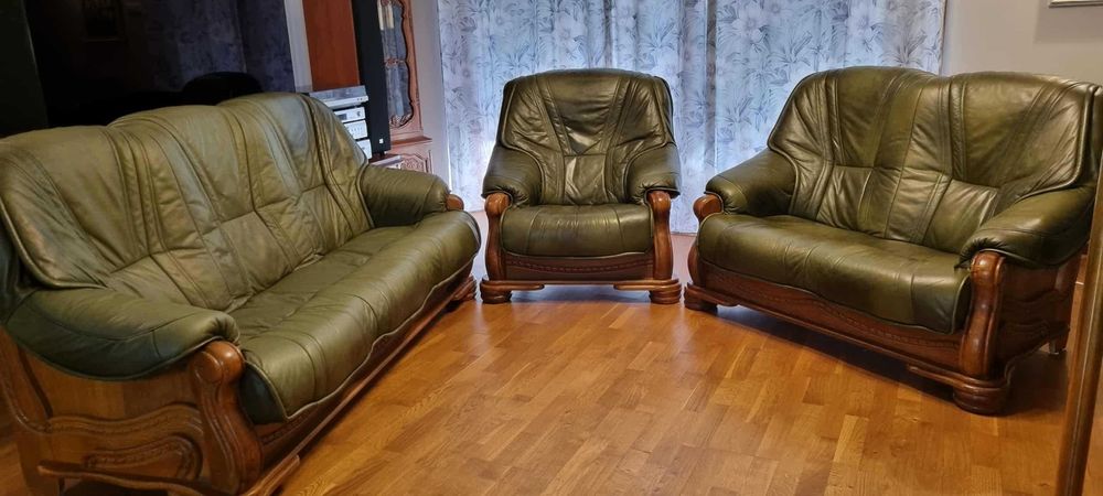 Komplet wypoczynkowy ciemna zieleń 3+2+1 dąb skóra