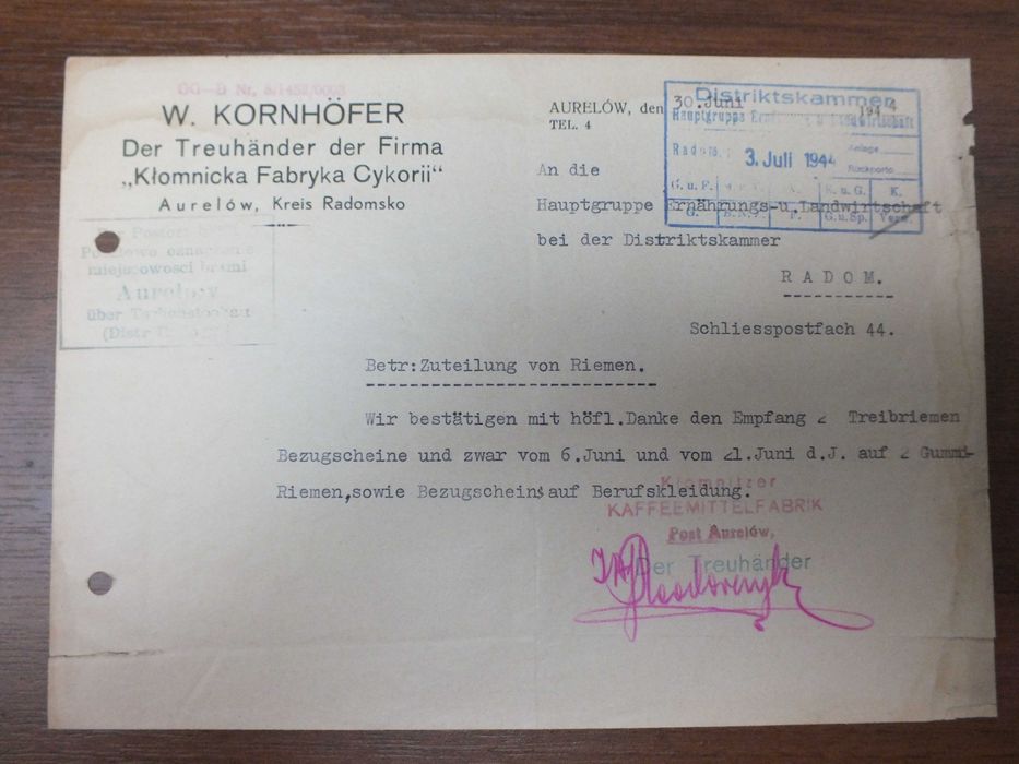 II Wojna-Kłomnicka Fabryka Cykorii Aurelów- List Handlowy lipiec 1944