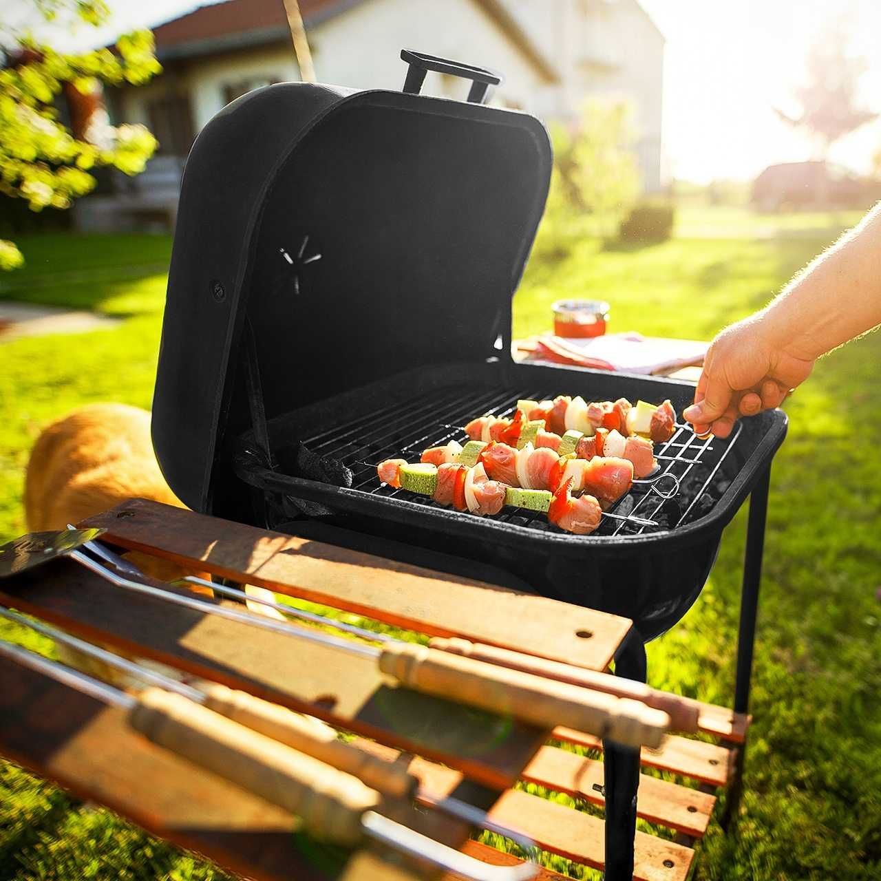 Grill węglowy z pokrywą ogrodowy duży ruszt półki kółka dmuchawa
