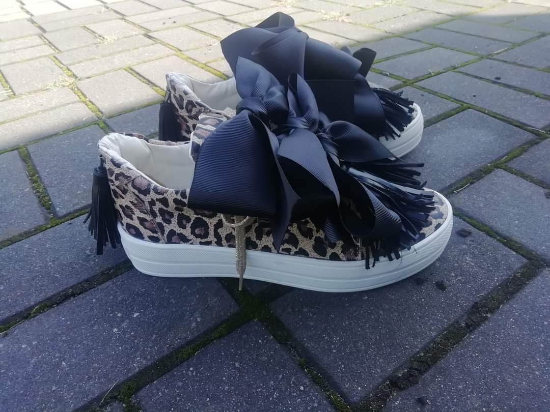 Eleganckie espadryle panterka kokarda naturalna skóra