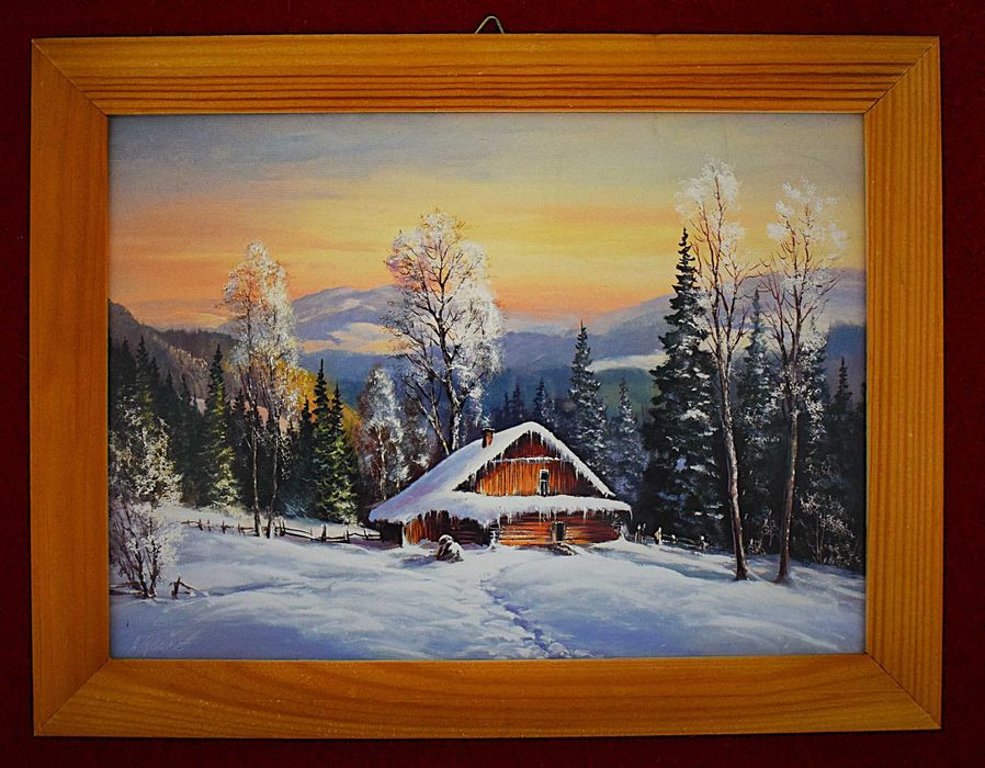 Zima w górach - mała reprodukcja w drewnianej ramie