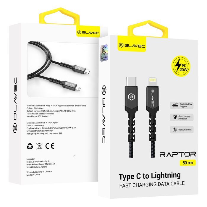 Blavec Kabel Raptor pleciony - Typ C na Lightning - PD 20W 2,4A 0,5