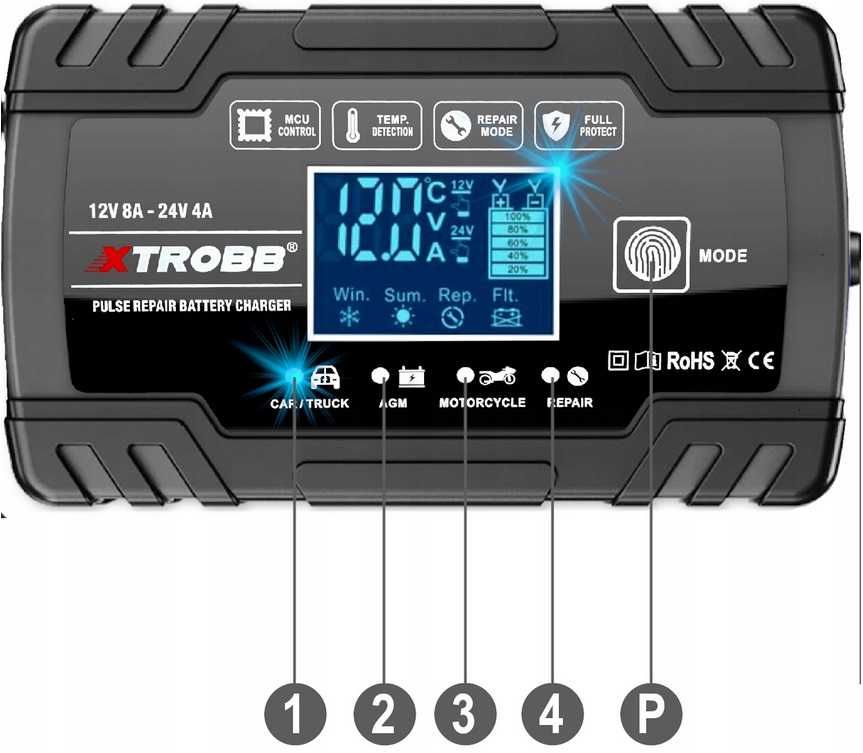 ŁADOWARKA  z funkcją naprawy Prostownik motor samochód 12V 24V 8A AGM