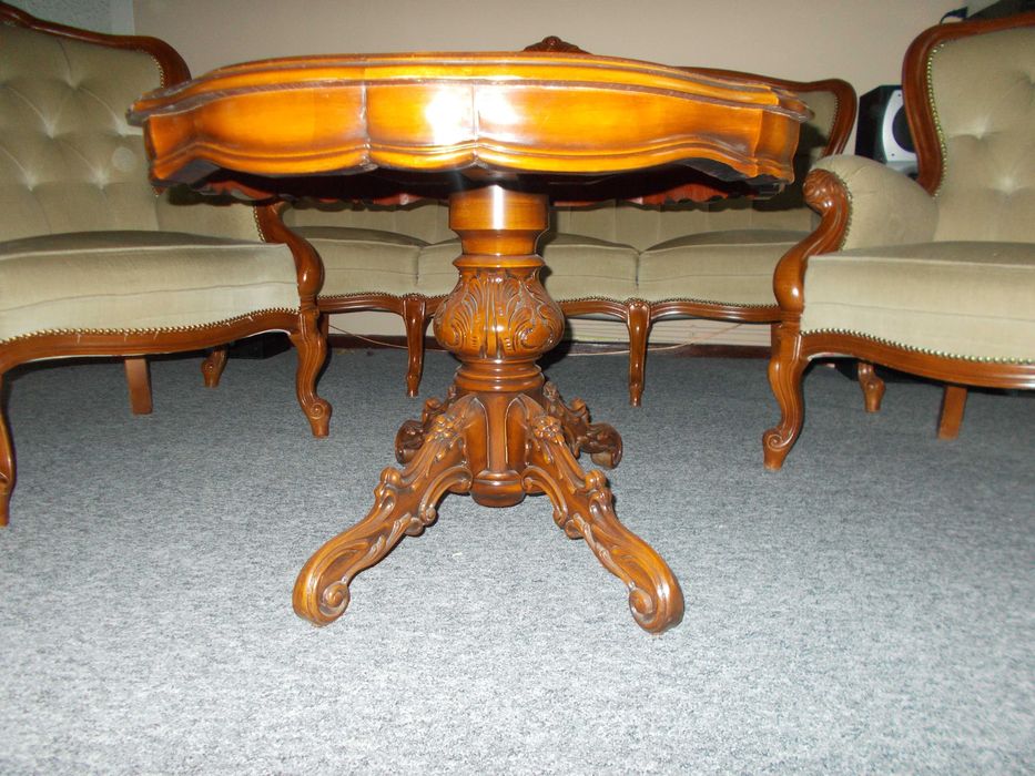 komplet wypoczynkowy ludwik 3 i 2 fotele ława intarsjowana