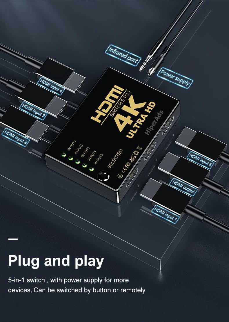Przełącznik Switch HDMI 5x1 + pilot IR ROZGAŁĘŹNIK switch 5 portów 548