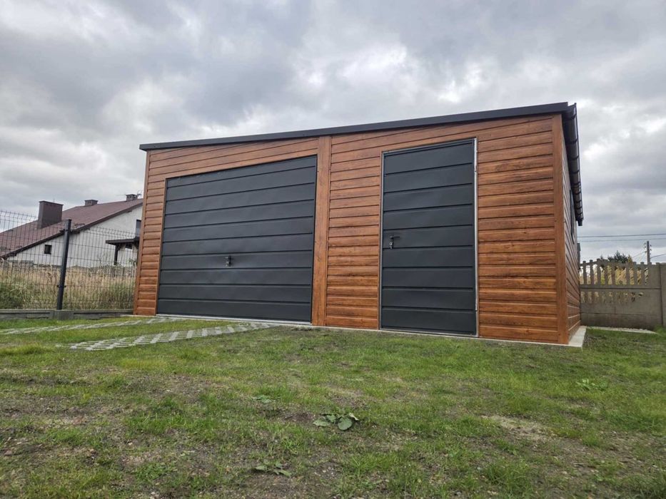 Garaż Blaszany Premium 5.5x6m spad na prawo złoty dąb + ciemny grafit