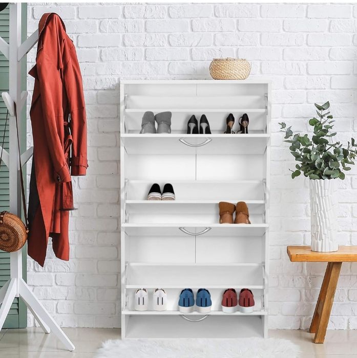 Szafka na buty – 3 klapy, biała, wąska, MDF, 60x105x22 cm,