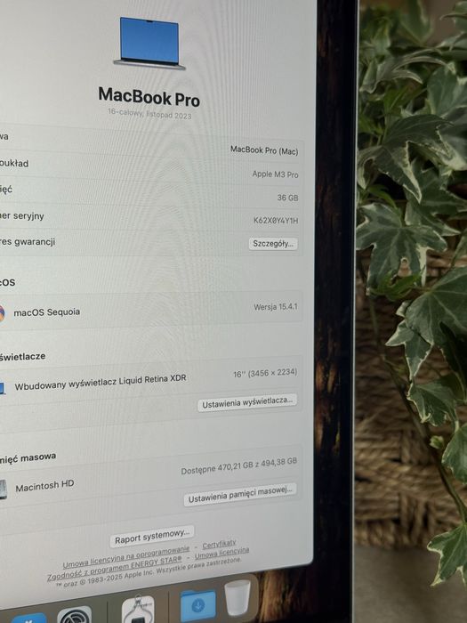 MacBook Pro 16” M3 Pro – 36GB RAM / 512GB SSD  Srebrny