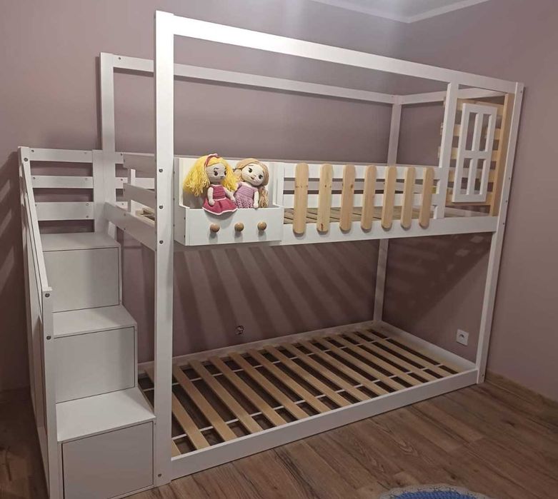 Łóżko piętrowe drewniane, białe, pod materace 90x200 cm