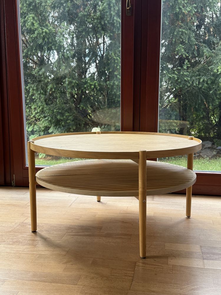 Stolik kawowy drewniany japandi okrągł designer ratan minimalistyc