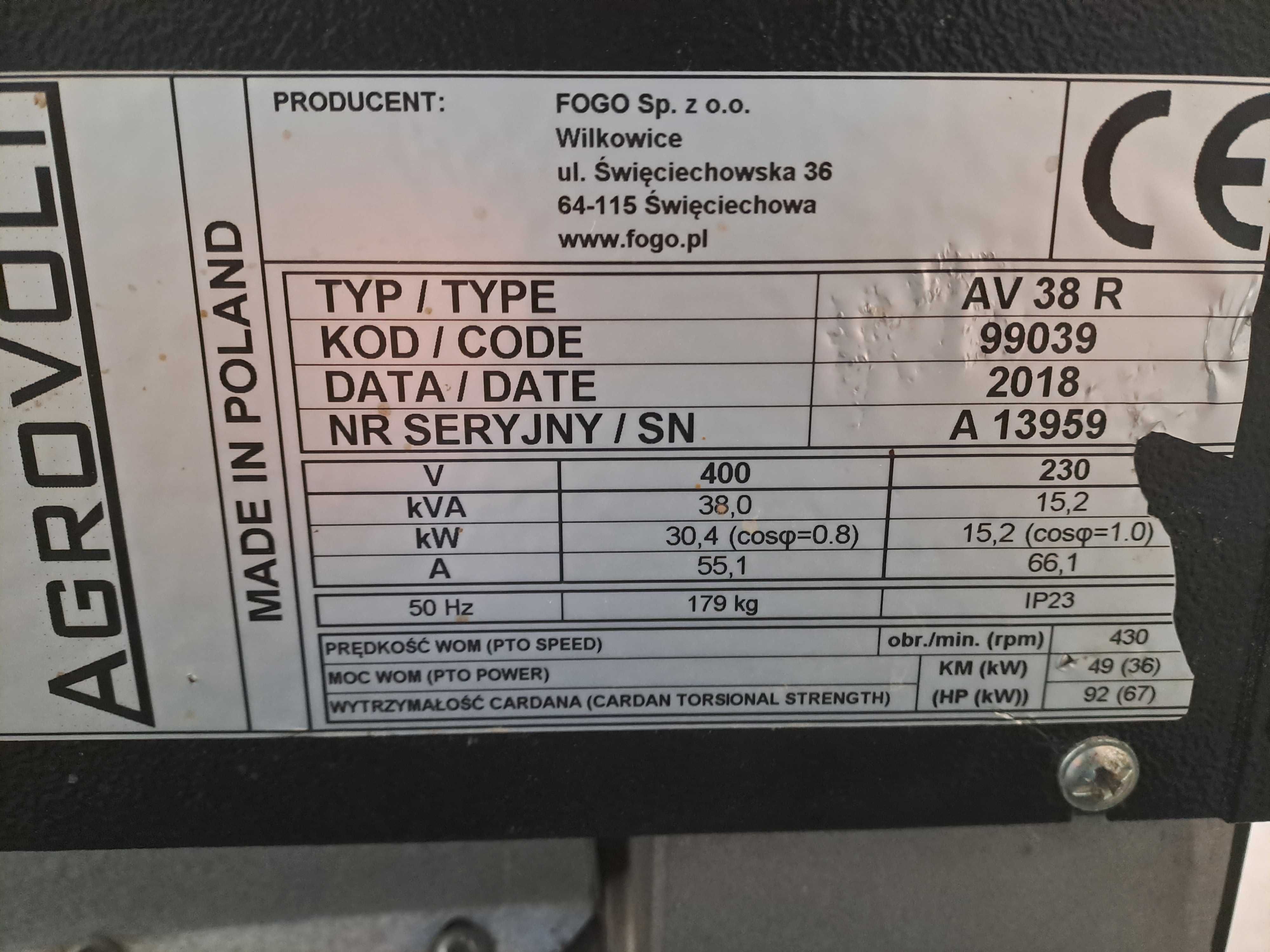 Agregat prądotwórczy do ciągnika agrovolt fogo AV38R wom