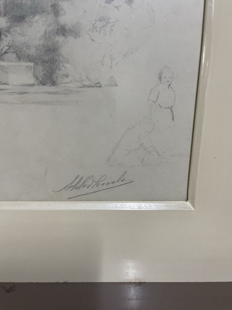 Desenho antigo assinado – árvore a grafite com moldura (obra original)