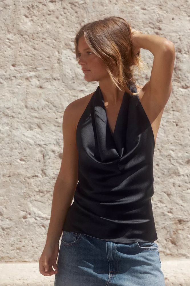Топ із ефектом сатину на завʼязках на шию Zara розмір XS