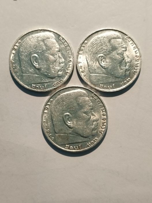 Moedas Prata 2 Reichsmark 1937, 1938 e 1939 com cruz suástica Alemanha