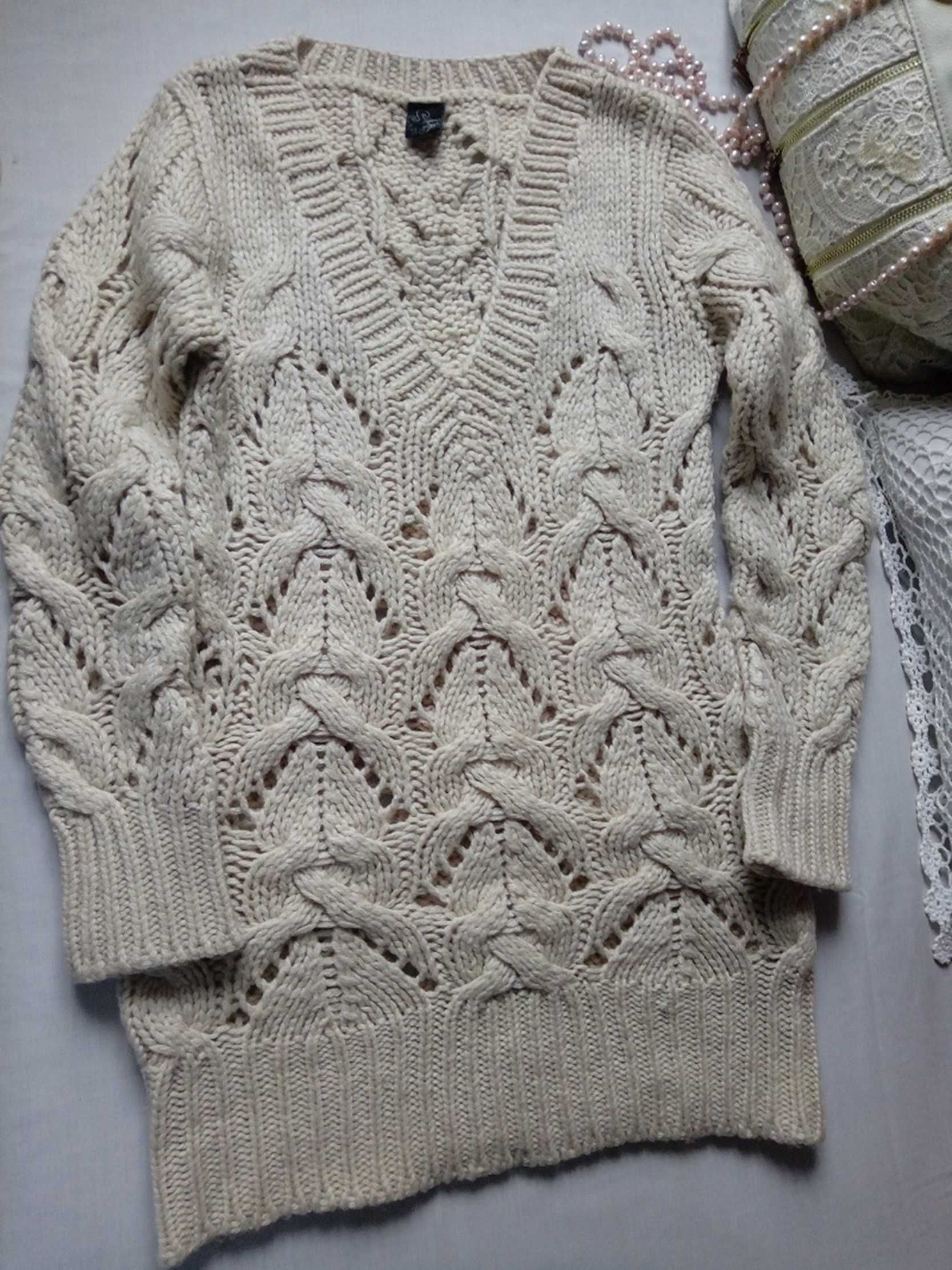 30% Wełna 15% Alpaca ciepły długi beżowy gruby sweter warkocze S/M