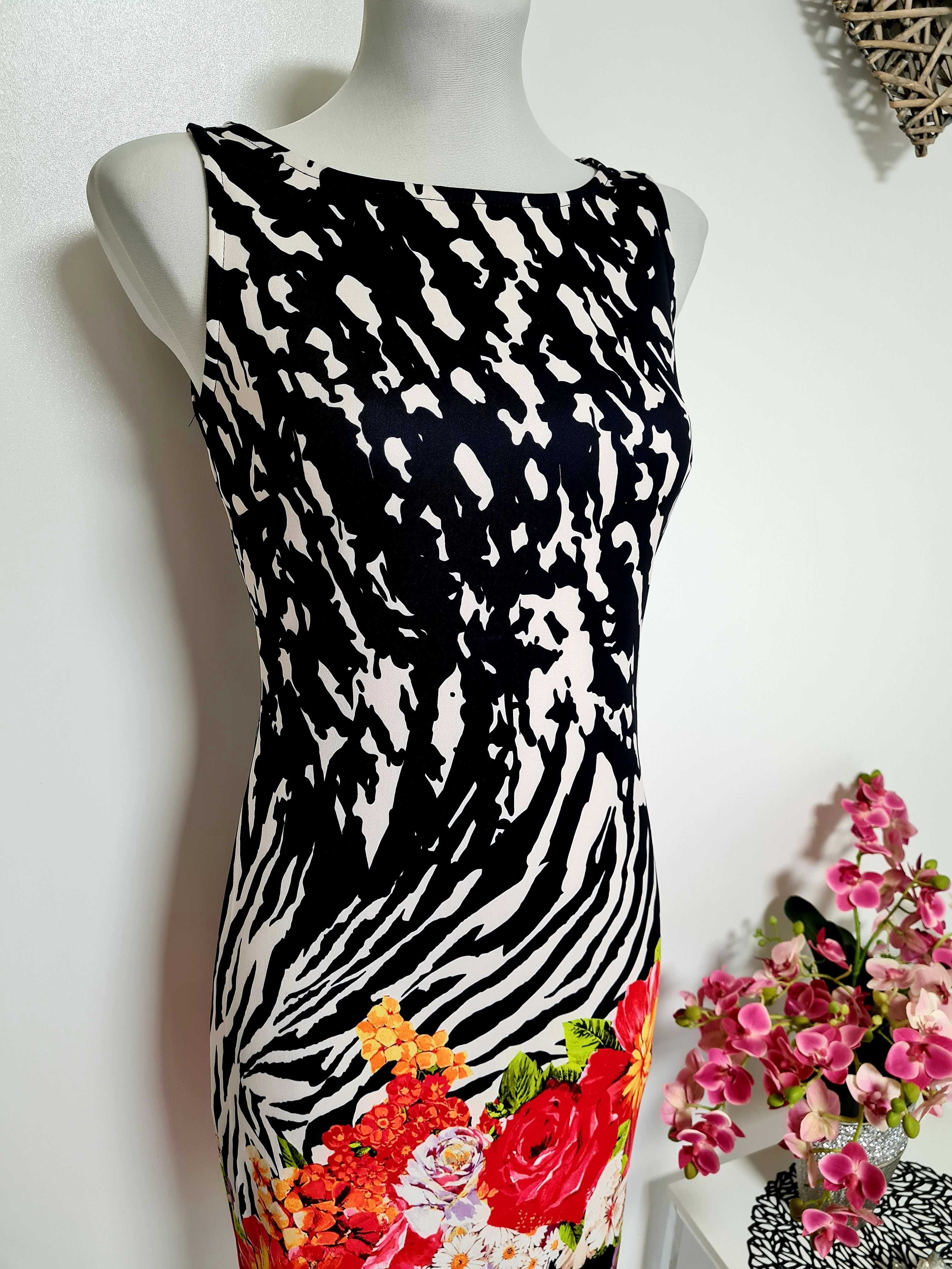 363. Elegancka dopasowana midi sukienka damska w kwiaty S M 36 38