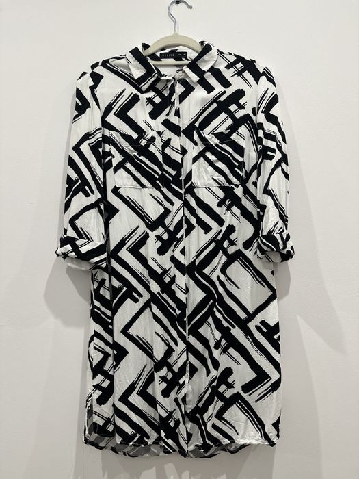 Biała Sukienka W Czarne Wzory Z Kieszeniami 100% Wiskoza Mohito XS/S