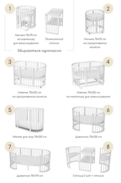 Дитяче ліжко-трансформер, ліжечко 9 в 1, кругле і овальне ліжко