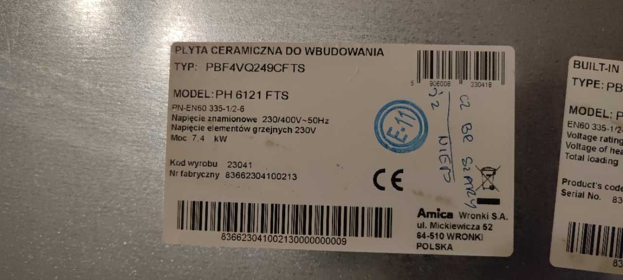 Płyta ceramiczna Amica PH-6121FTS częściowo uszkodzona