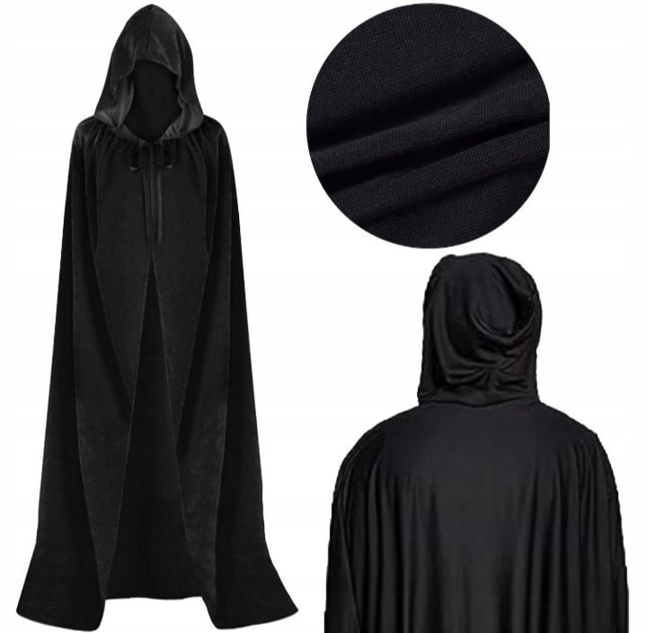 Czarna peleryna z kapturem strój na halloween