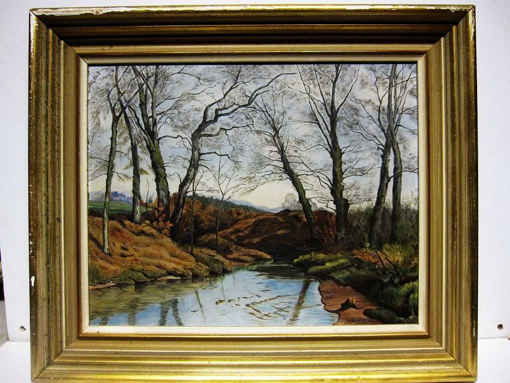 antiga pintura em guache-paisagem fluvial-assinada R. Ducon
