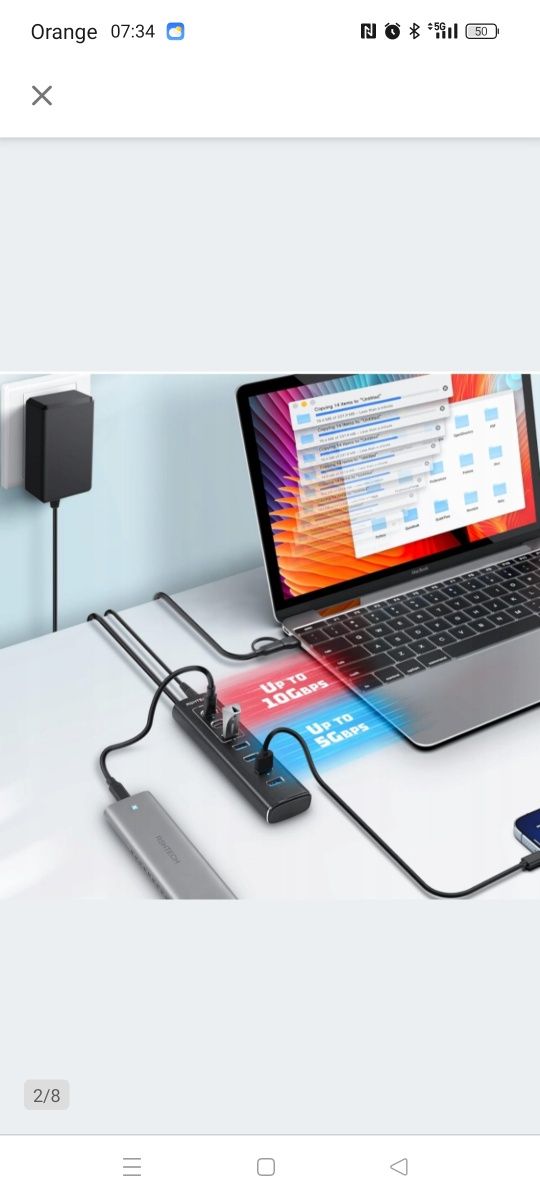 Aktywny koncentrator USB z zasilaczem, RSHTECH 7-portowy x2 C