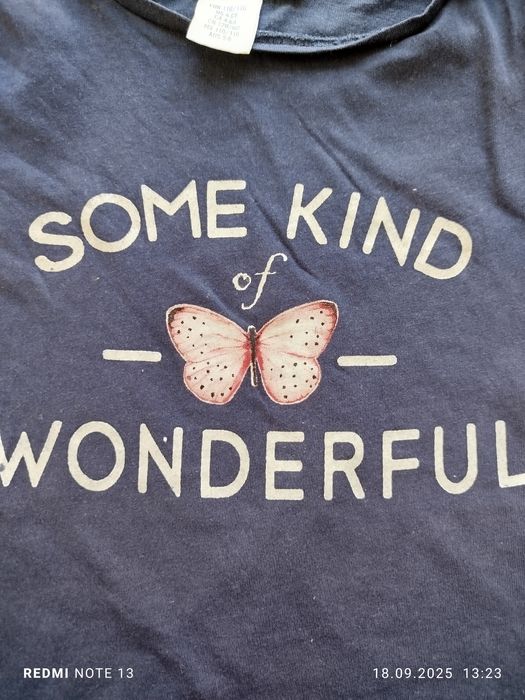 Granatowa bawełniana bluzka koszulka T-shirt z krótkim ozdobnym rękawe