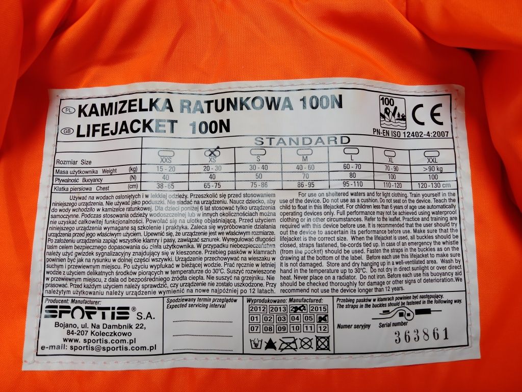 Kapok, kamizelka ratunkowa Sportis STANDARD 100 N r. XS do 30 kg