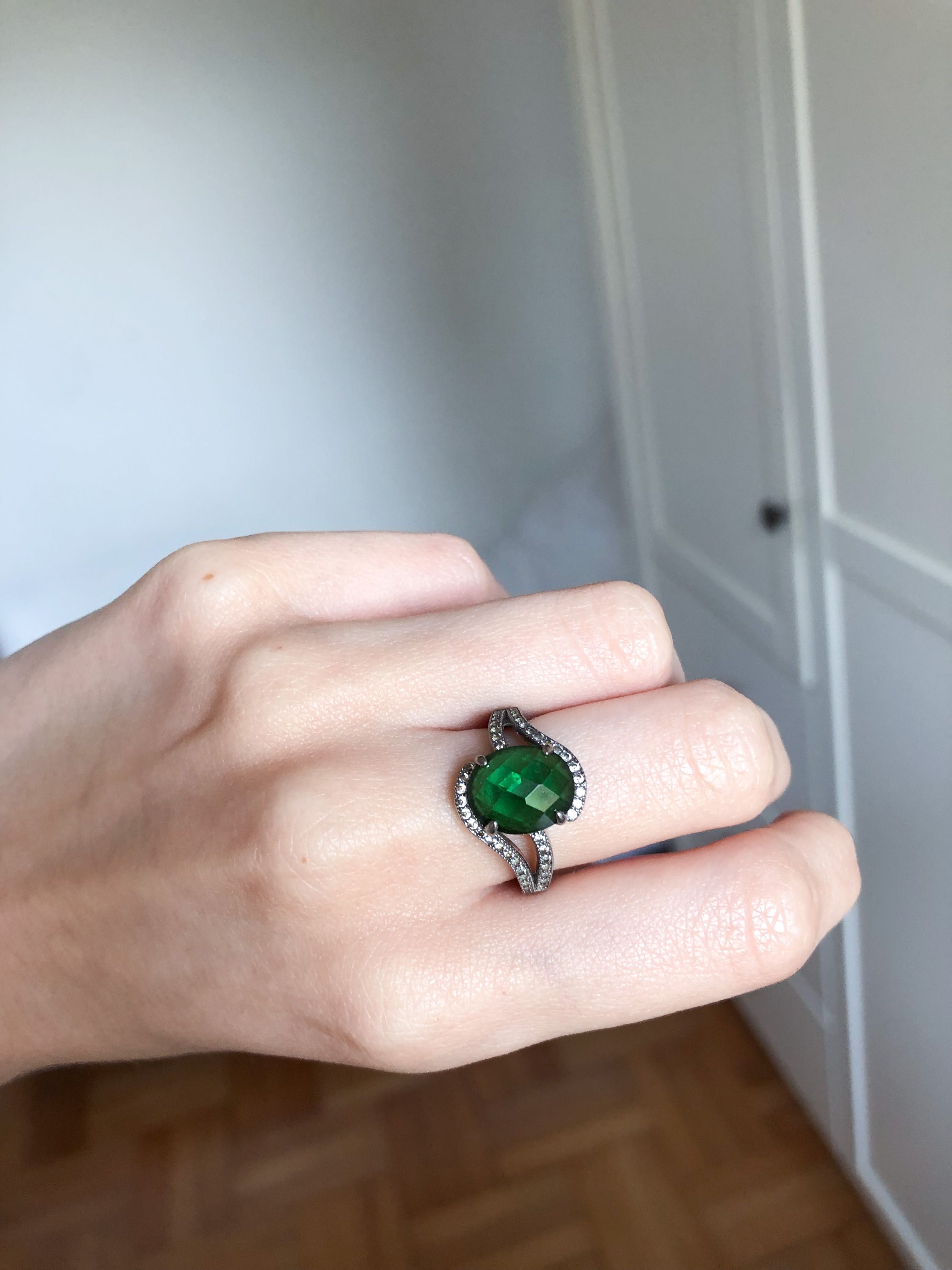 srebrny pierścionek retro zielone oczko ze szmaragdem silver ring