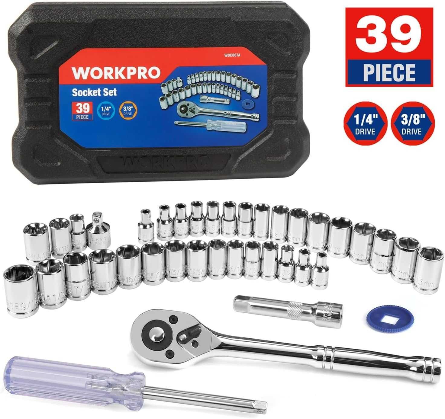 WORKPRO Zestaw Kluczy Nasadowych 39 Elementów Grzechotka 3/8