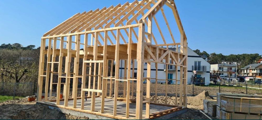 Promocja nowoczesna stodoła, szkielet drewniany certyfikat c24 domek l