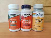 NOW Foods Solaray  железо 36 мг   Д3+К2   1000/5000 МЕ  Распродажа