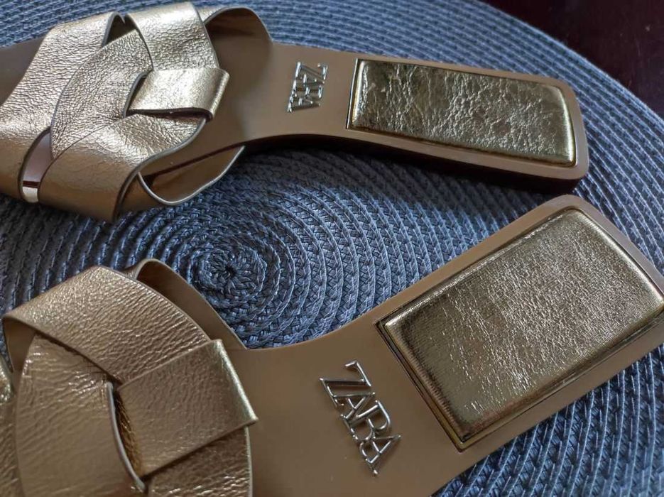 Zara klapki skórzane skórkowe ze skóry złote płaskie  hit sezonu