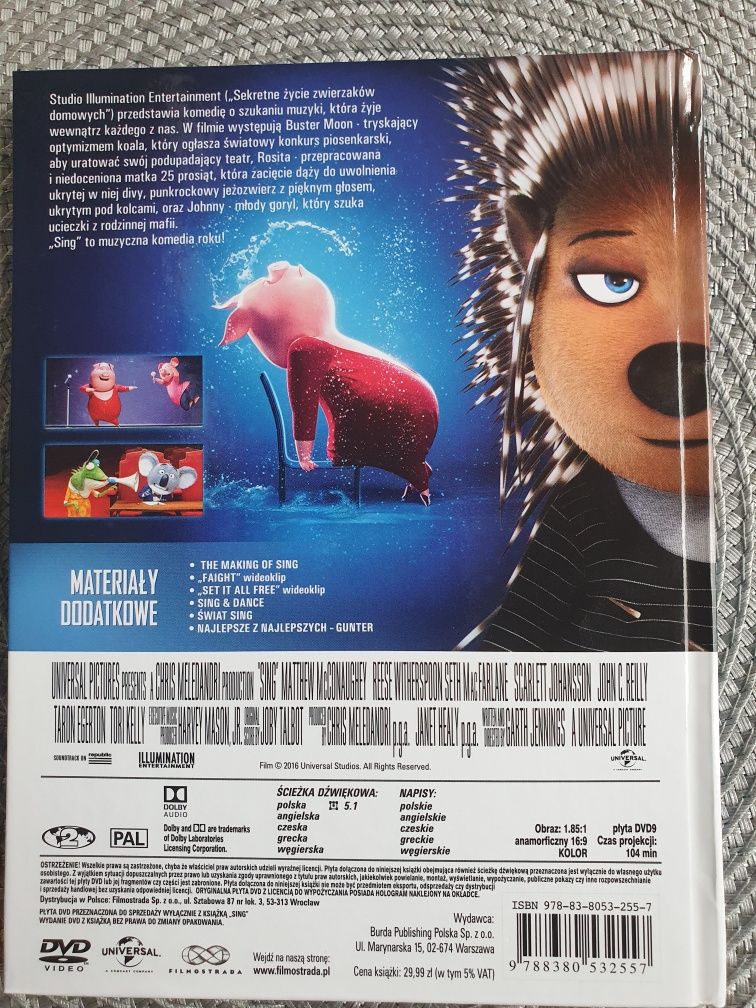 Sing Książka z płytą DVD kreskówka Universal Studios