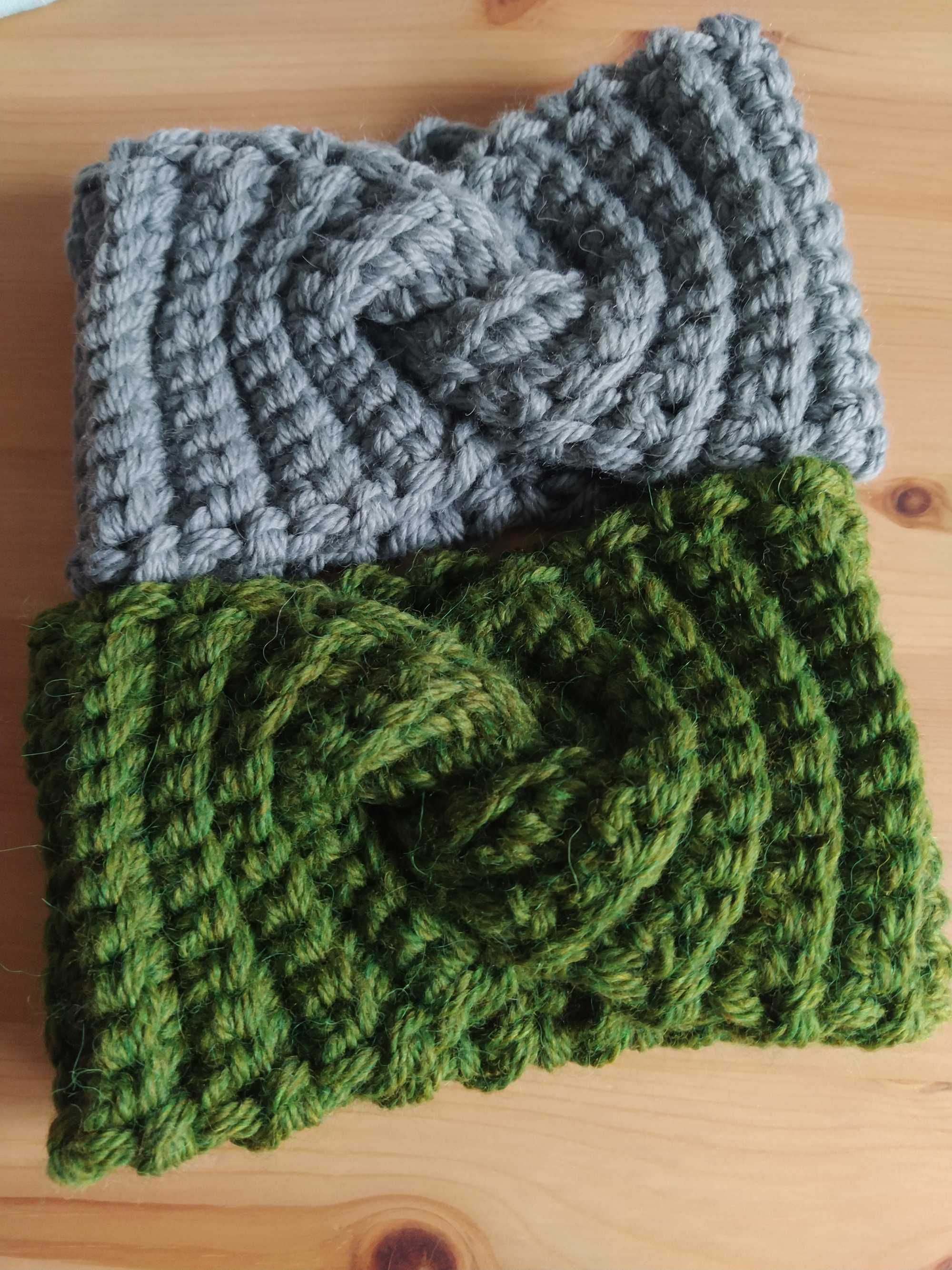 Ręcznie robiona opaska zimowa wełniana ciepła gruba handmade zielona