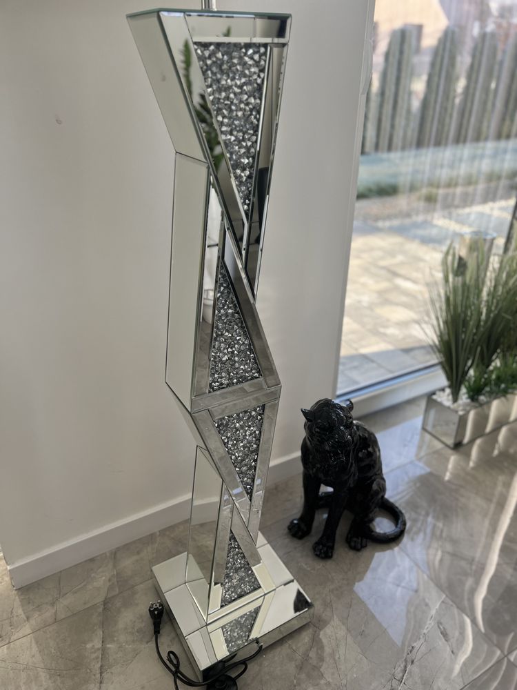 Lampa podłogowa lustrzana z kryształkami Glamour stojąca czarna biała