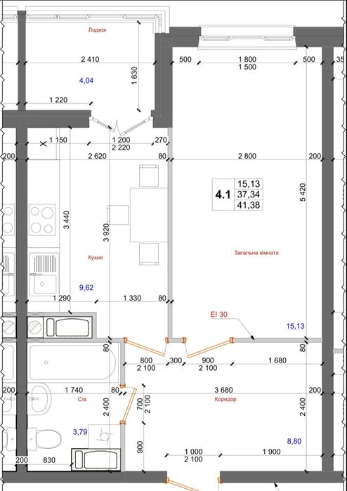 1 кімн квартира ЖК Атлант Коцюбинське 41.38 м2 готова