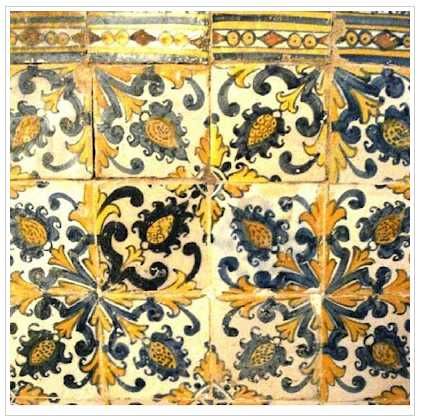 4 Azulejos padrão "Maçarocas" tons Azul e Amarelo XVII